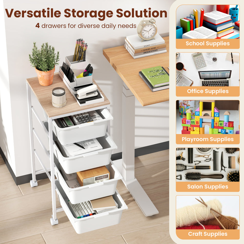 4-drawer rolling storage cart with wooden tabletop, ideal for organizing office and craft supplies in any space.