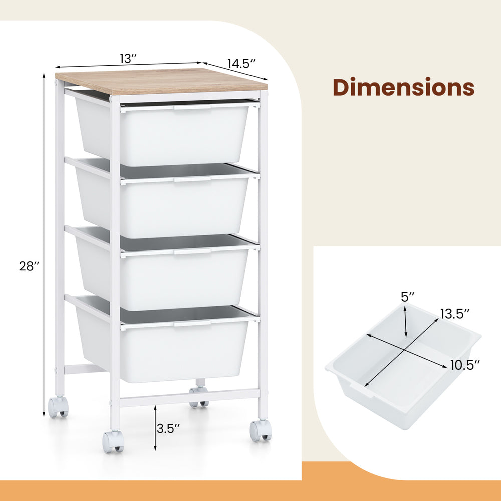 4-drawer rolling storage cart showcasing dimensions and removable drawers for flexible organization in any space.