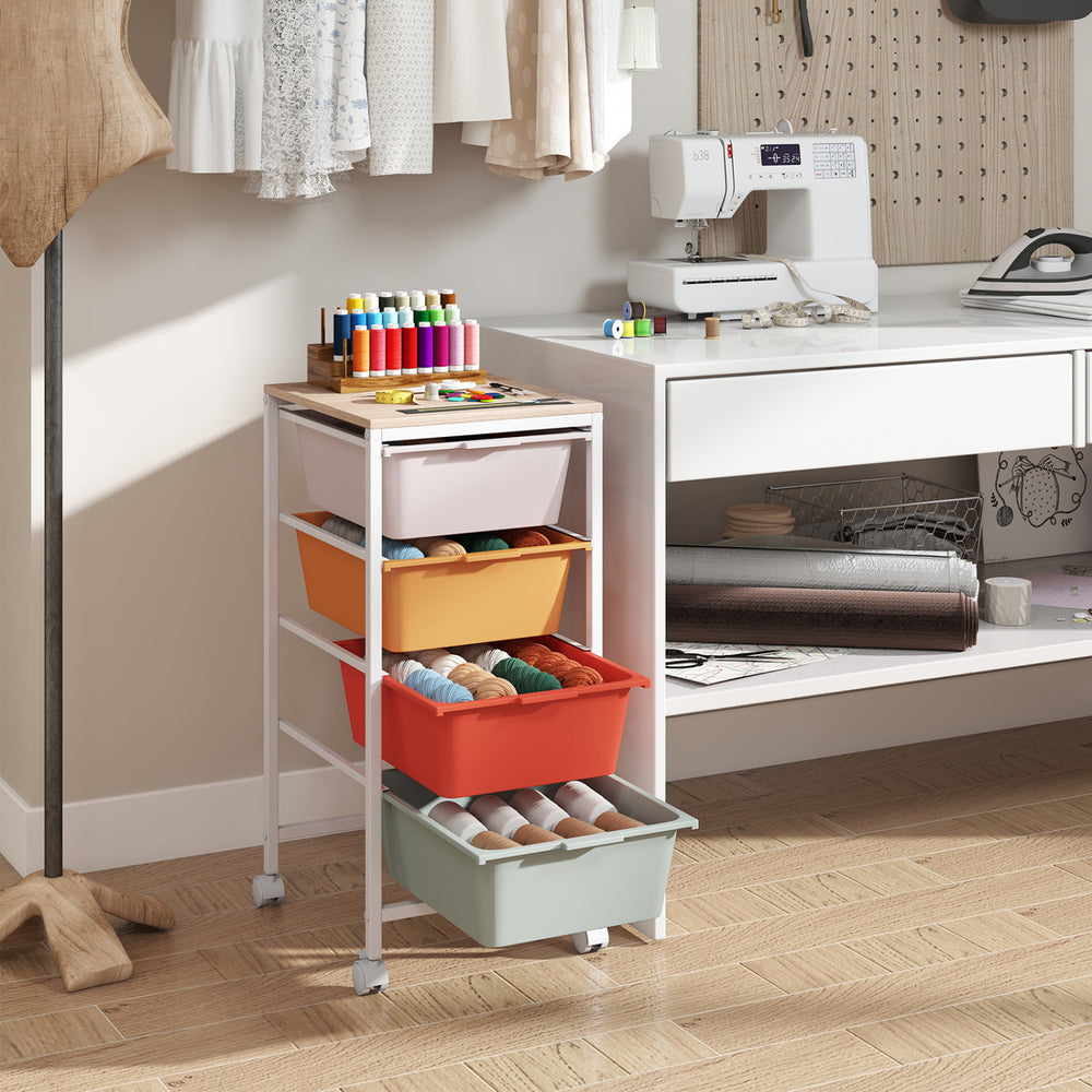 4-Drawer Rolling Storage Cart Mobile Utility Organizer with Wooden Tabletop and Lockable Wheels-Macaron - Gallery View 1 of 10
