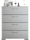Gray 4 drawer storage cabinet with textured surface and metal legs, ideal for organizing living room essentials.