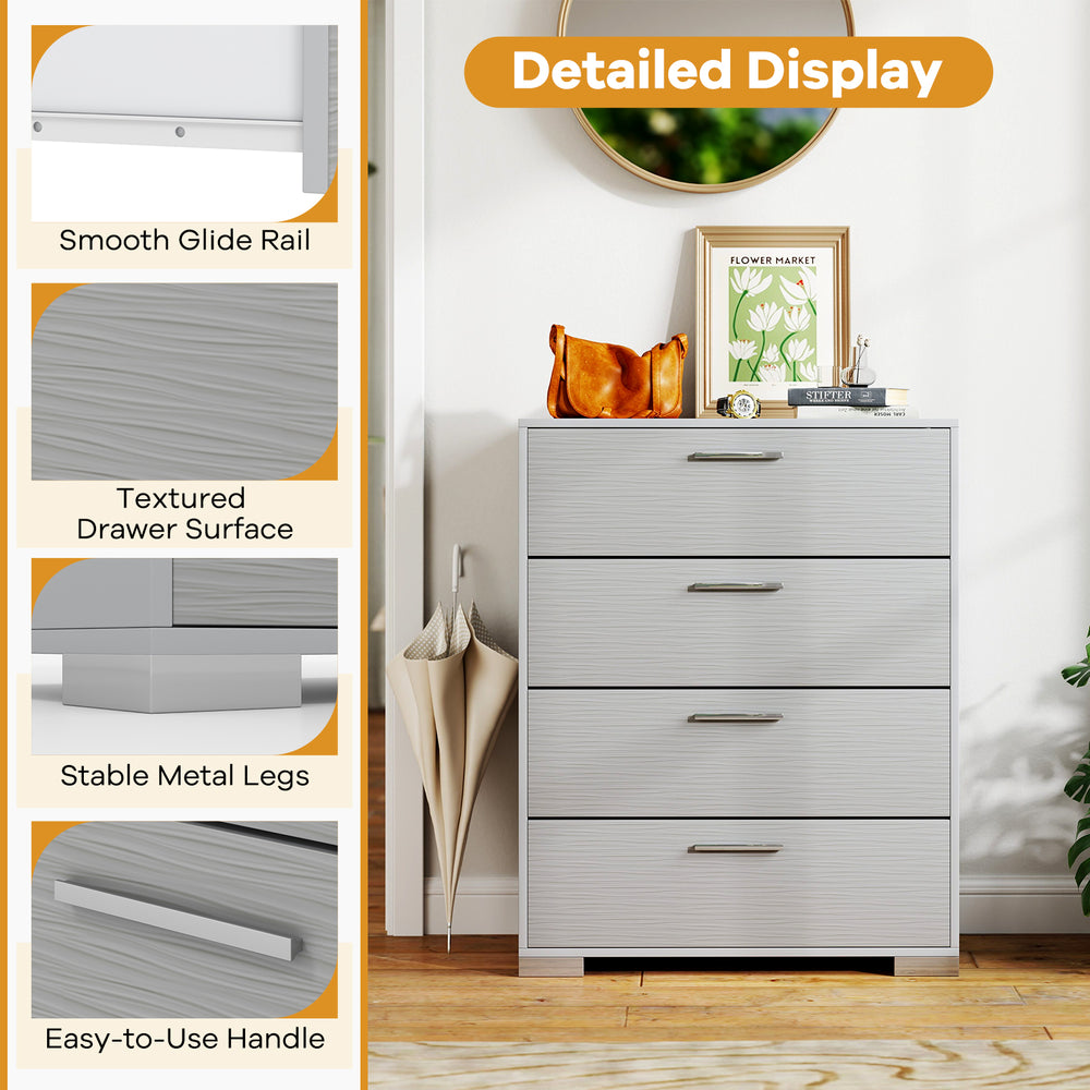 Gray 4 drawer storage cabinet with textured surface, smooth glide rail, and stable metal legs for versatile indoor use.