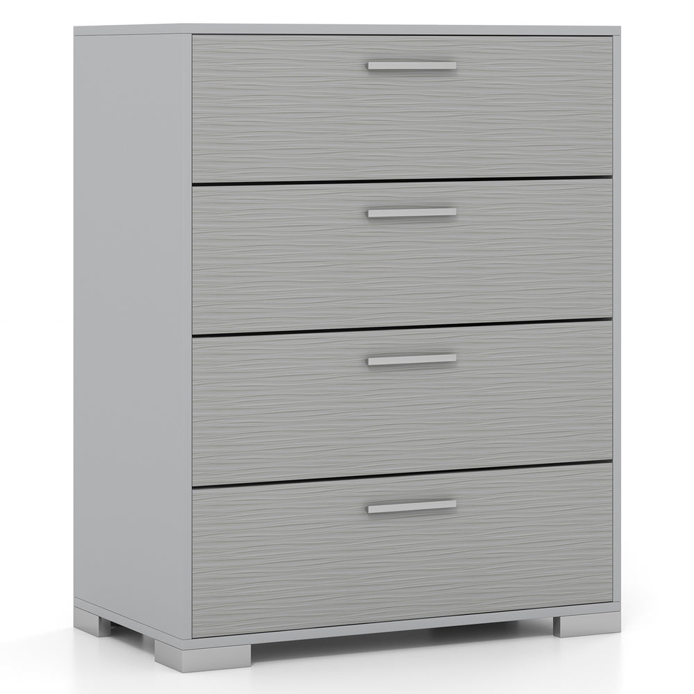 Gray 4-drawer storage cabinet with textured surface and metal legs, ideal for living room or entryway organization.