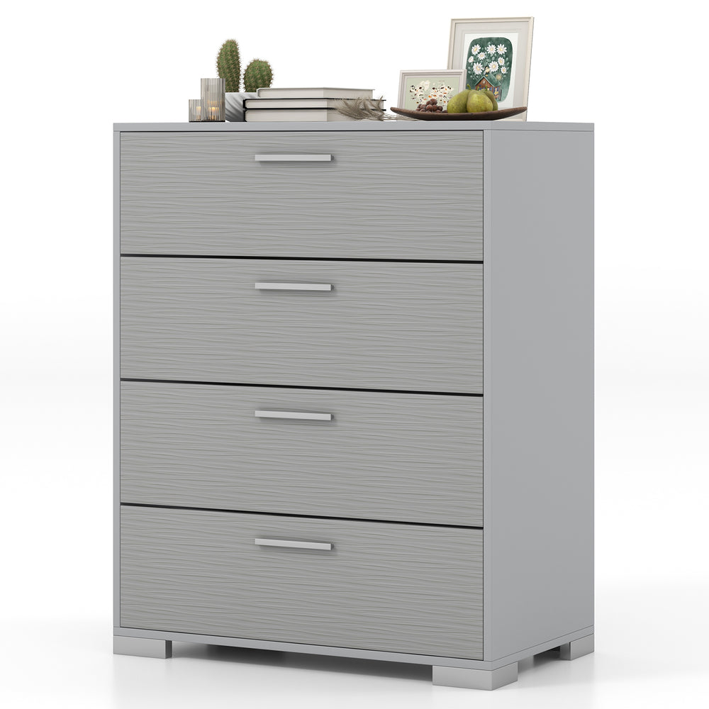 4-drawer storage cabinet in gray with textured surface, metal legs, and anti-toppling devices for versatile indoor use.