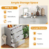 4-drawer storage cabinet in gray with metal legs, featuring a wide top for decorations and ample space for towels and.