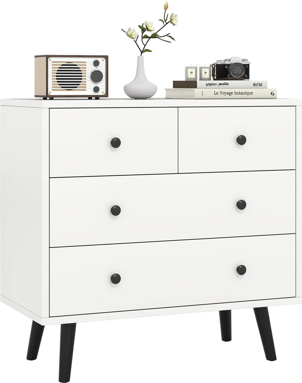 White 4-drawer dresser chest with black knobs, perfect for organized storage in modern or traditional decor.