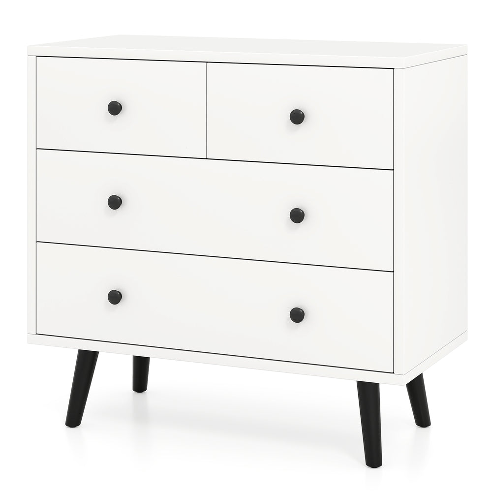 White 4-drawer dresser chest with sleek design and black knobs, perfect for organized storage in any room.