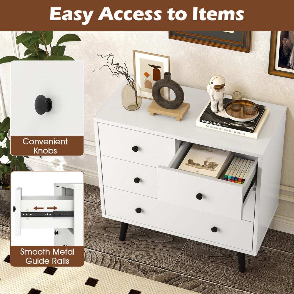 White 4-drawer dresser chest with smooth metal guide rails and convenient knobs for easy access to items.