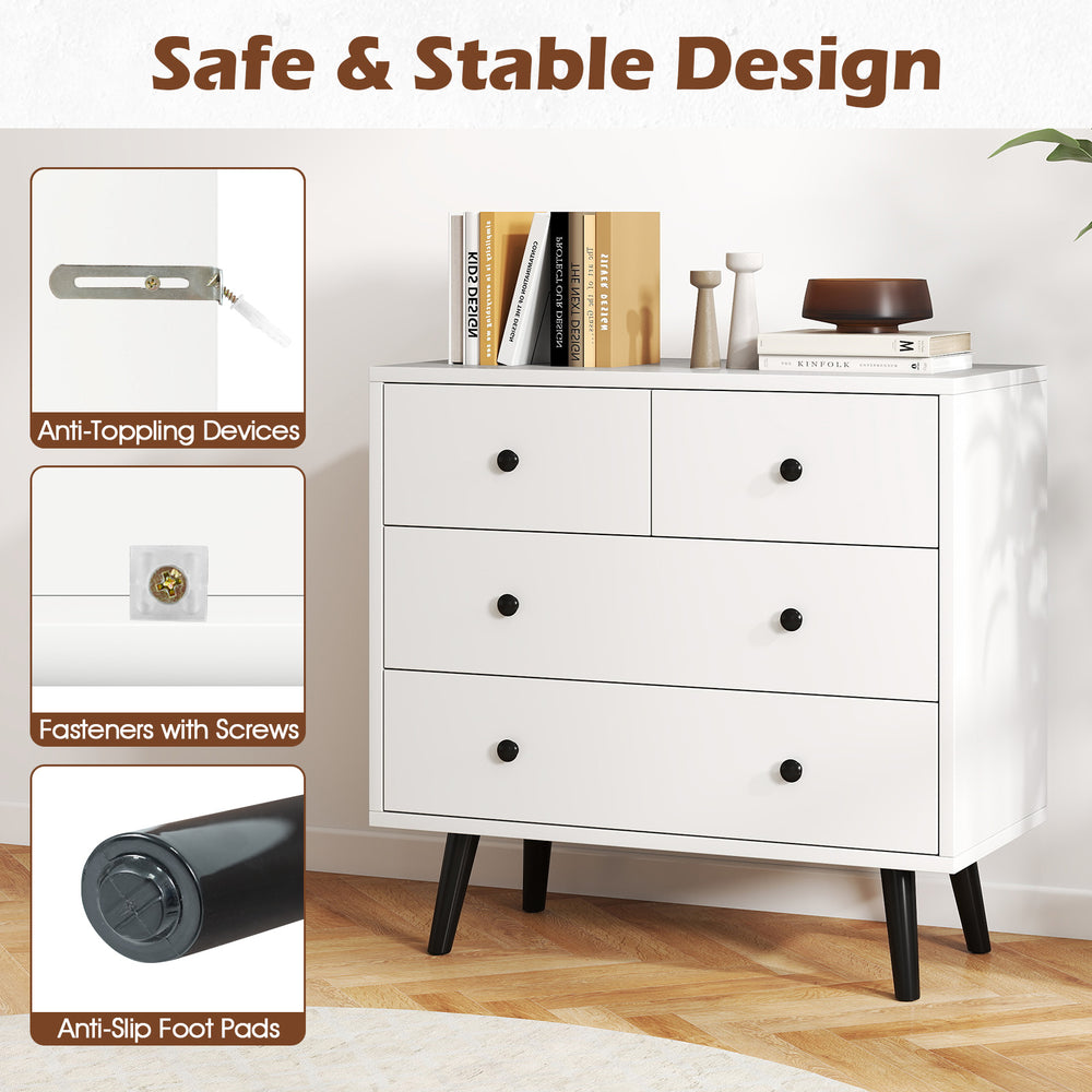 White 4-drawer dresser chest with modern design, sturdy construction, and anti-slip foot pads for stable placement.