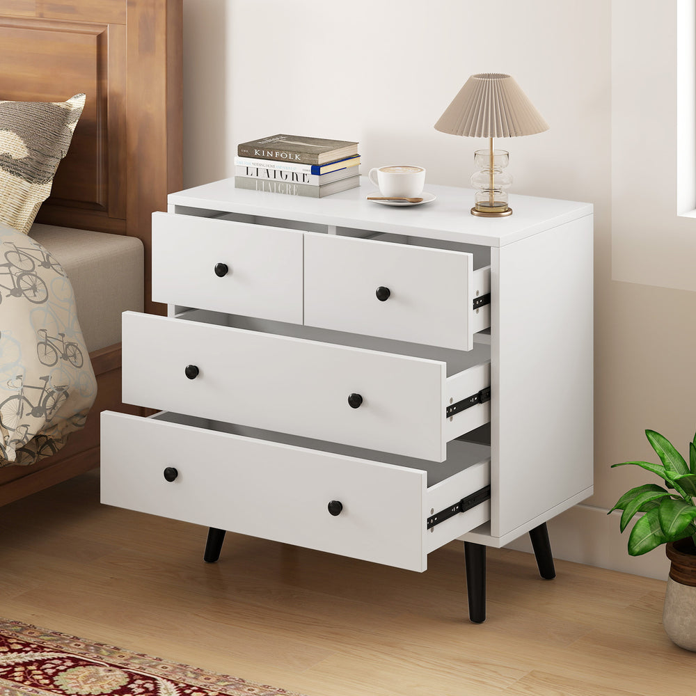 White 4-drawer dresser chest with sleek design, metal knobs, and sturdy construction for organized storage in any room.