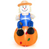 Adorable 4 FT inflatable scarecrow with LED lights, sitting on a bright pumpkin, perfect for harvest-themed celebrations.