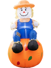 4 FT inflatable scarecrow perched on a colorful pumpkin, ideal for creating a fun Halloween atmosphere indoors or outdoors.