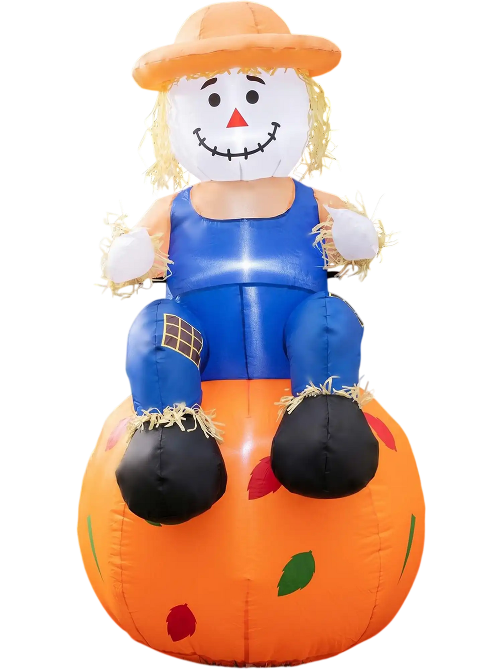 4 FT inflatable scarecrow perched on a colorful pumpkin, ideal for creating a fun Halloween atmosphere indoors or outdoors.