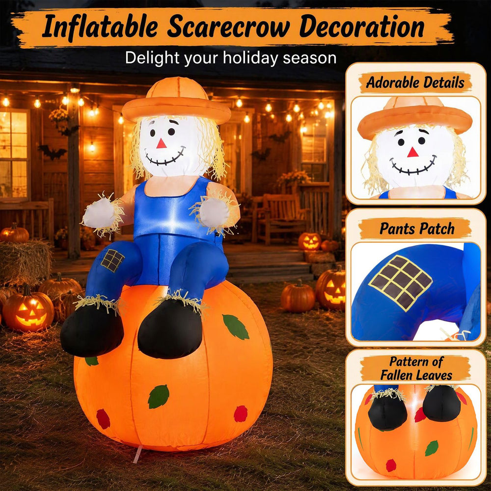 Cute 4 FT inflatable scarecrow sitting on a pumpkin with LED lights, perfect for Halloween and Thanksgiving decorations.