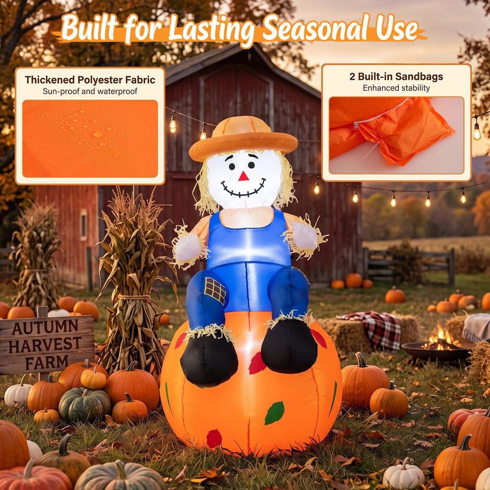 Cute 4 FT Halloween inflatable scarecrow sitting on a pumpkin, made of waterproof polyester fabric for outdoor decoration.