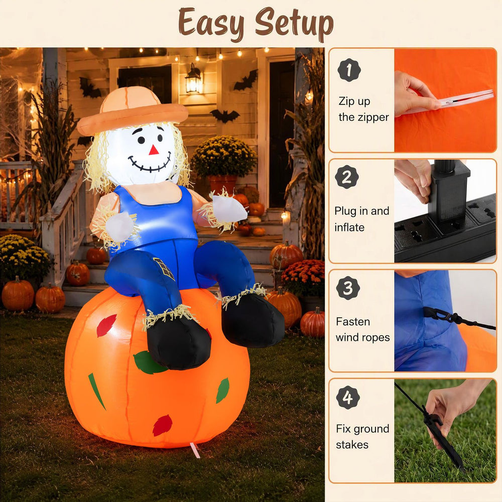 Cute 4 FT Halloween inflatable scarecrow sitting on pumpkin, featuring bright LED lights and waterproof polyester fabric.