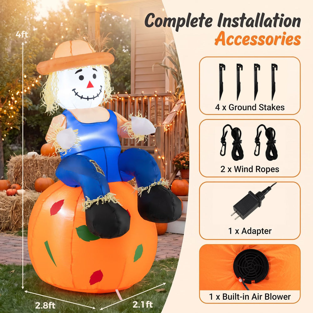 4 FT Halloween inflatable decoration featuring a scarecrow on a pumpkin, designed for indoor and outdoor festive displays.