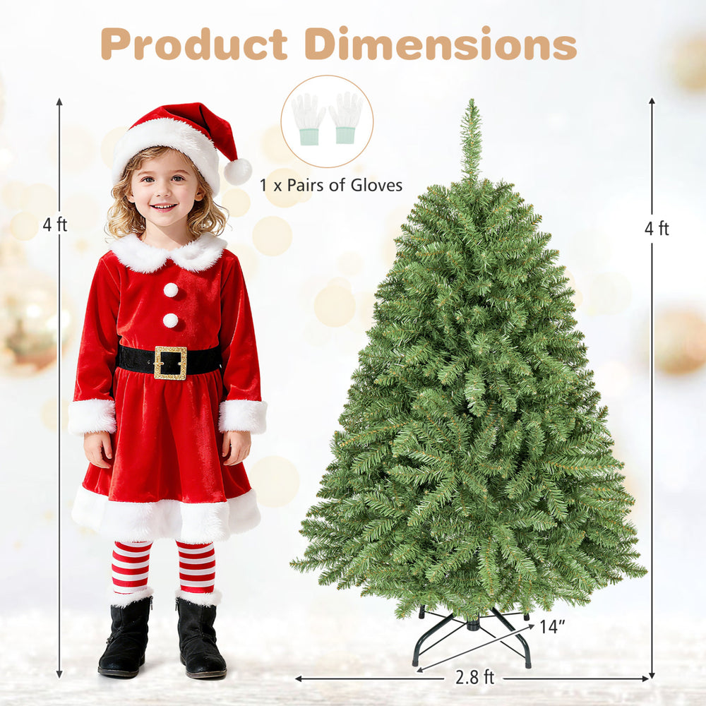 4 FT artificial Christmas tree with realistic PVC leaves and easy-setup hinges, perfect for holiday decoration in any setting.