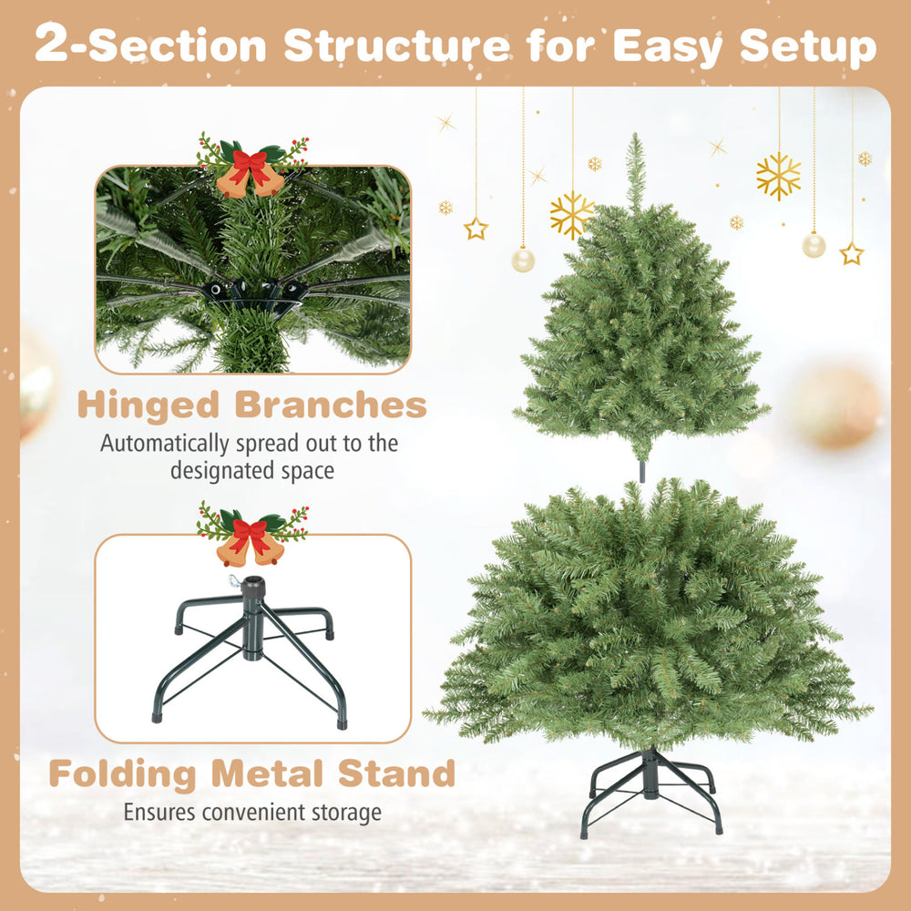 4 FT artificial Christmas tree with hinged branches for easy setup, featuring a folding metal stand for convenient storage.