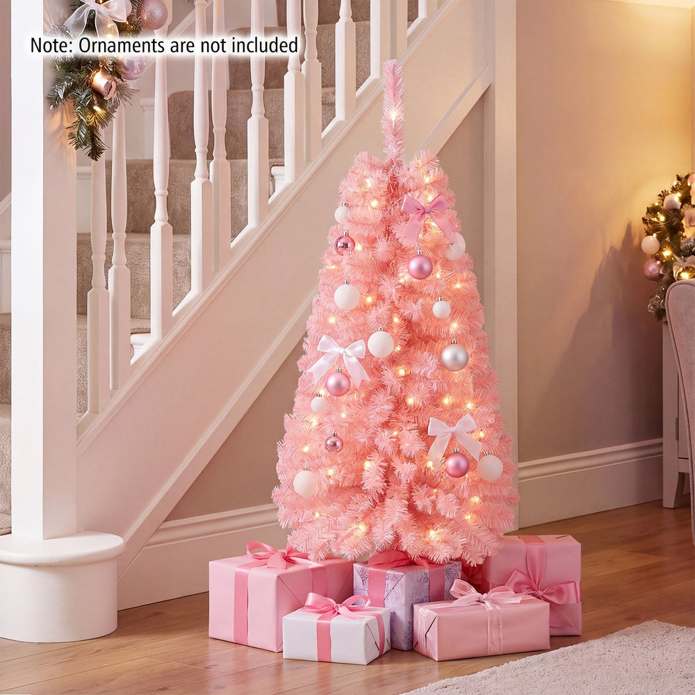 Pink 4 FT artificial Christmas tree with 110 branch tips and 50 warm white LED lights, ideal for festive decoration.