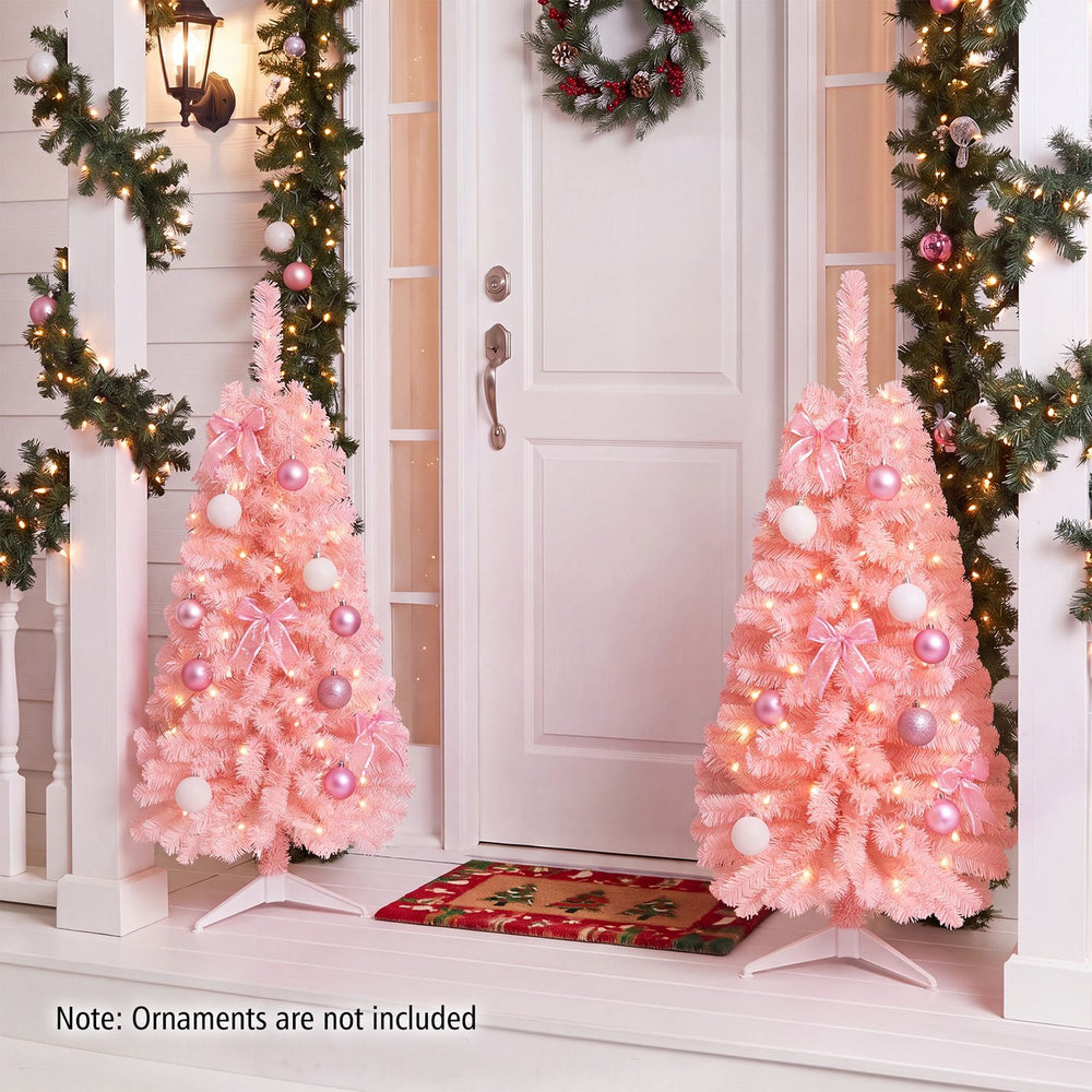 Pink 4 FT artificial Christmas tree with 110 branch tips and 50 warm white LED lights, ideal for festive decor.
