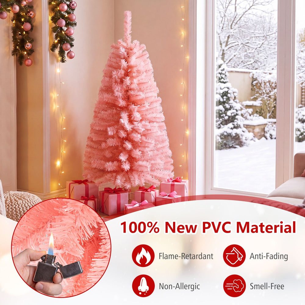 Pink 4 FT artificial Christmas tree with 110 branch tips and 50 warm white LED lights, perfect for festive decor.