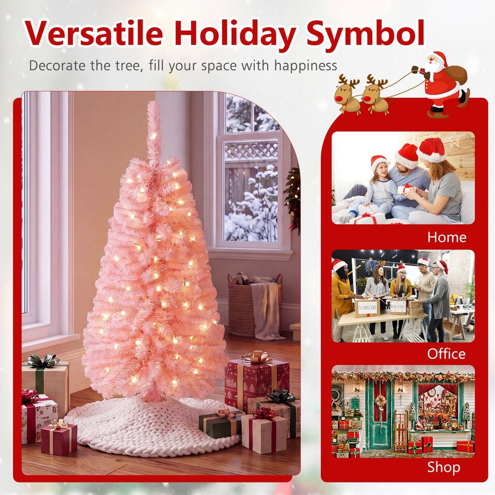 Pink 4 FT artificial Christmas tree with 110 branch tips and 50 warm white LED lights, perfect for festive decoration.
