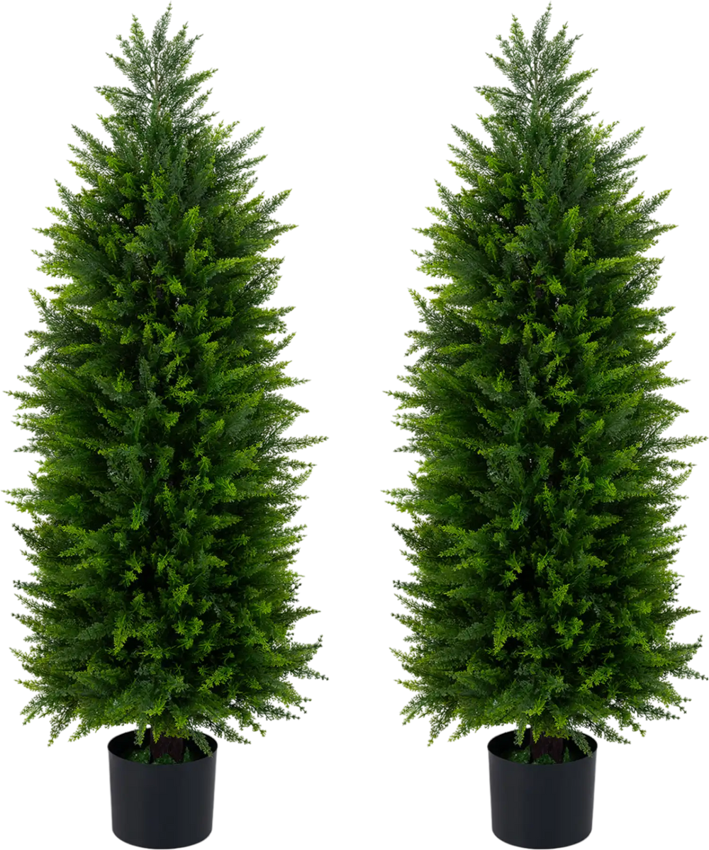 Set of 2, 4 FT artificial topiary trees in cement-filled pots, featuring lush green faux cedar cypress foliage.