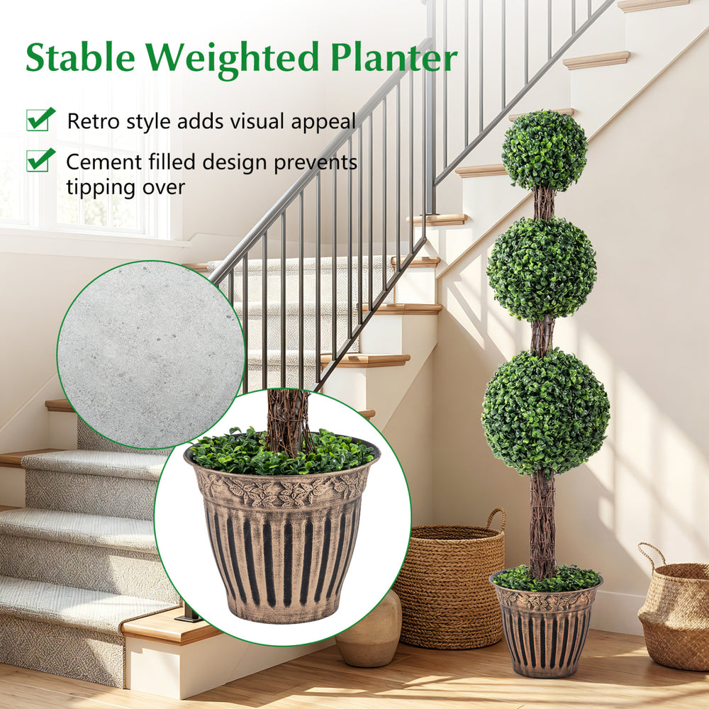 Artificial triple ball boxwood tree in a cement-filled retro planter, ideal for indoor decor and stability.