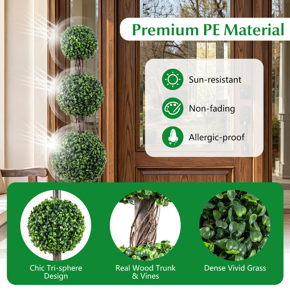 4 FT artificial triple ball boxwood tree in a cement-filled retro planter, featuring sun-resistant and non-fading.