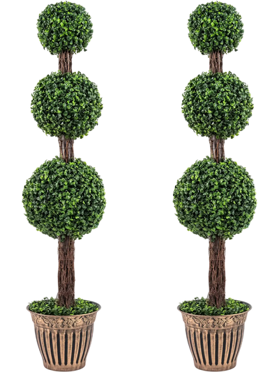 Costway 4' Artificial Triple Ball Boxwood Tree Retro Planter Set of 2 81597049 New