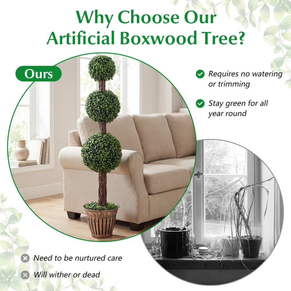4 FT artificial triple ball boxwood tree in a retro planter, green foliage for year-round decor without maintenance.