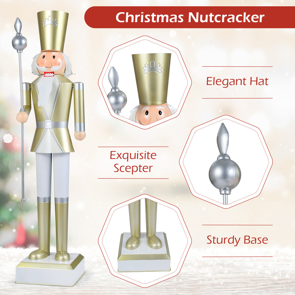 4 FT Christmas nutcracker with elegant hat and scepter, featuring a sturdy base for indoor and outdoor holiday displays.