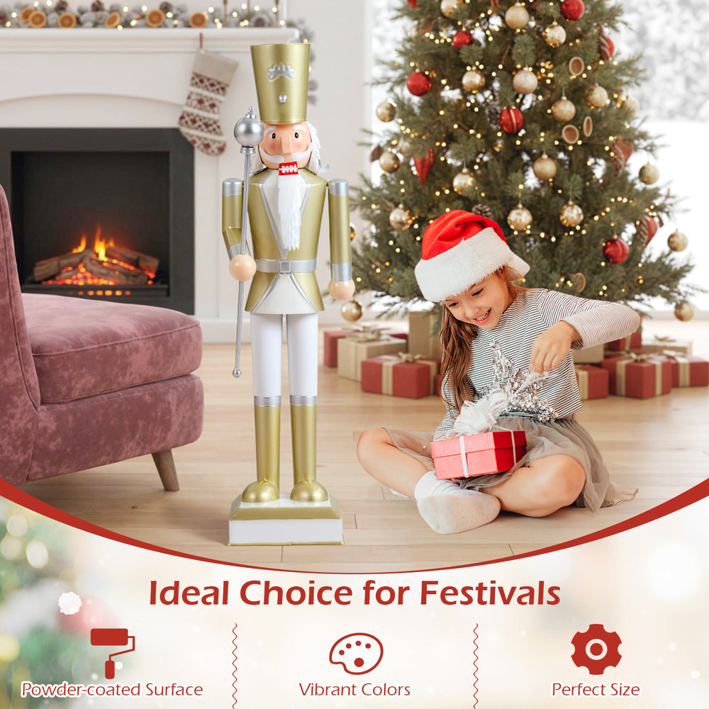 4 FT Christmas nutcracker with gold accents and scepter, perfect for festive indoor or outdoor holiday displays.