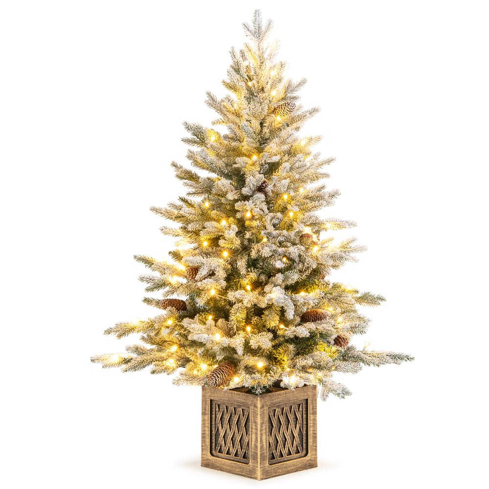 4 FT pre-lit artificial Christmas tree with 100 warm white LED lights, snow flocked branches, and pine cones for.