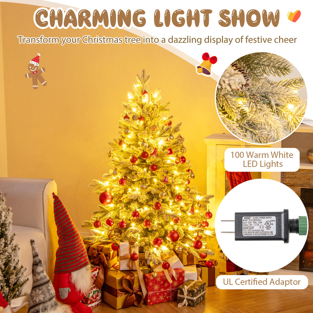 4 FT pre-lit artificial Christmas tree with 100 warm white LED lights and snow flocked branches for festive indoor.