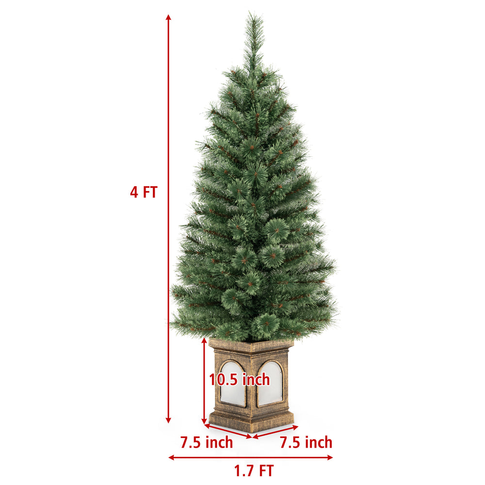4-foot pre-lit potted Christmas tree with flowering pine needles and antique urn base, perfect for festive decor.