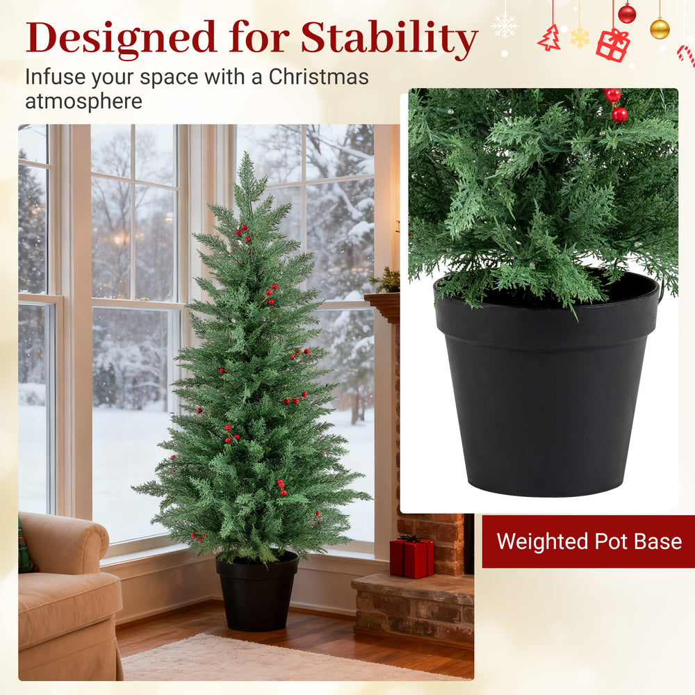 4 FT pre-lit Christmas tree with 70 warm white LED lights and weighted pot base, perfect for festive indoor decoration.