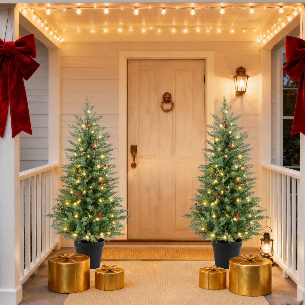 Two 4 FT pre-lit Christmas trees with 70 warm white LED lights, perfect for entryway decoration and festive ambiance.