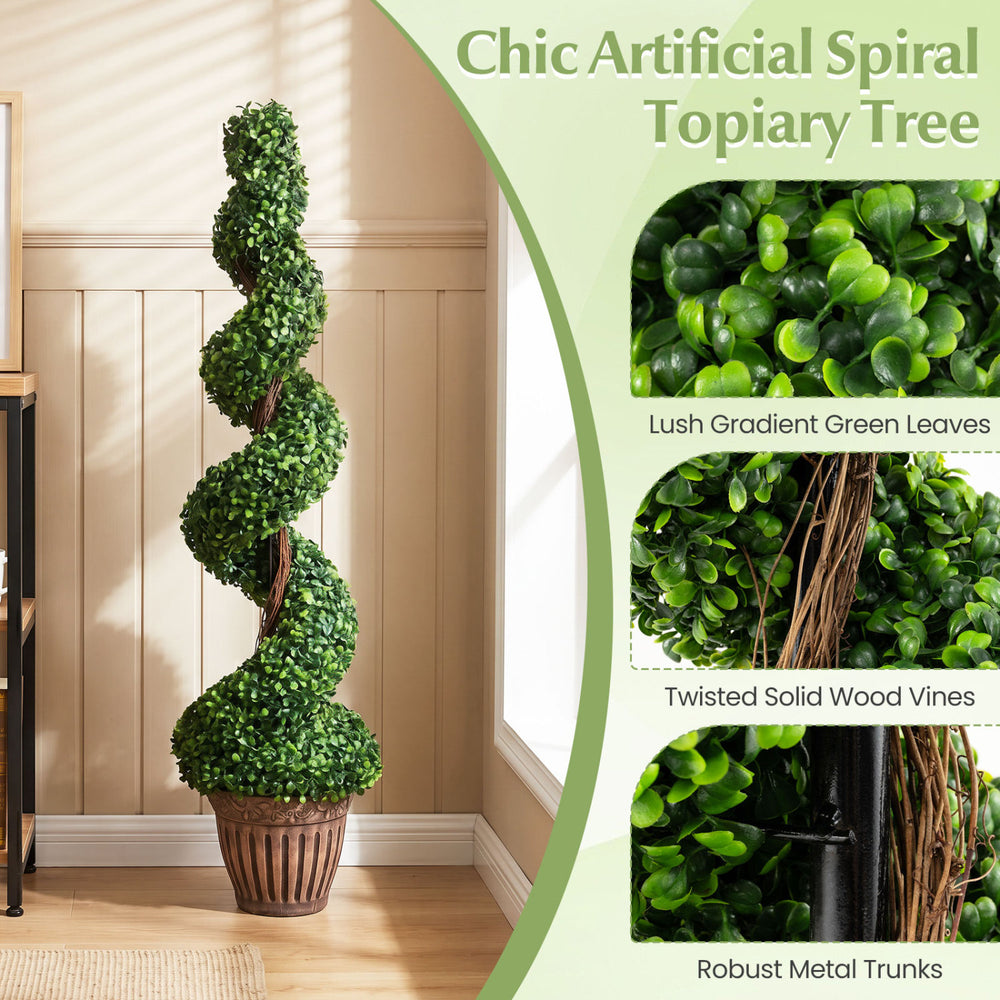 Chic 4 feet artificial boxwood spiral tree with lush green leaves and robust metal trunk for indoor or outdoor decoration.