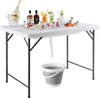 Folding ice bin table with skirt, spacious for chilled beverages, ideal for camping, picnics, and weddings.