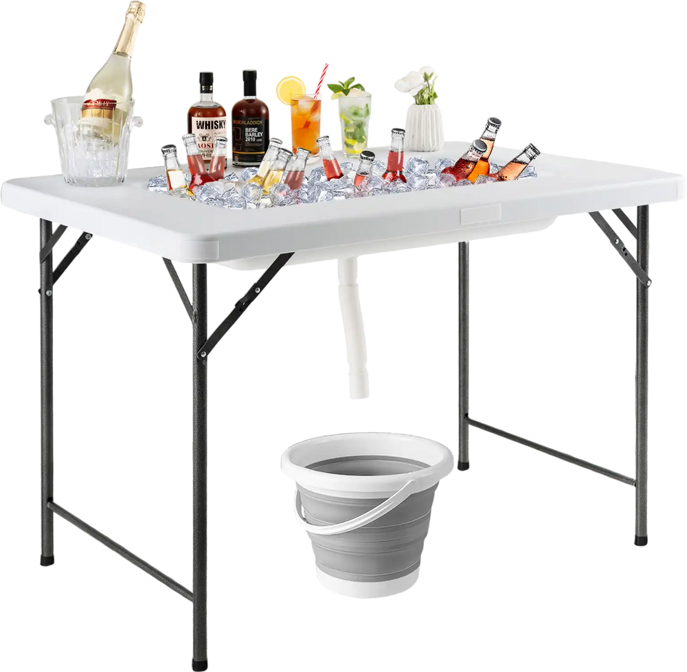 Folding ice bin table with skirt, spacious for chilled beverages, ideal for camping, picnics, and weddings.