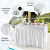 Folding ice bin table with skirt, featuring rounded corners and a drainage hole, perfect for camping and weddings.
