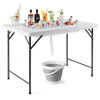 Folding ice bin table with skirt, spacious HDPE top, ideal for camping and weddings, featuring a quick drainage system.