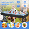 4 feet folding plastic party table with black HDPE tabletop, featuring a professional drain system for indoor and.