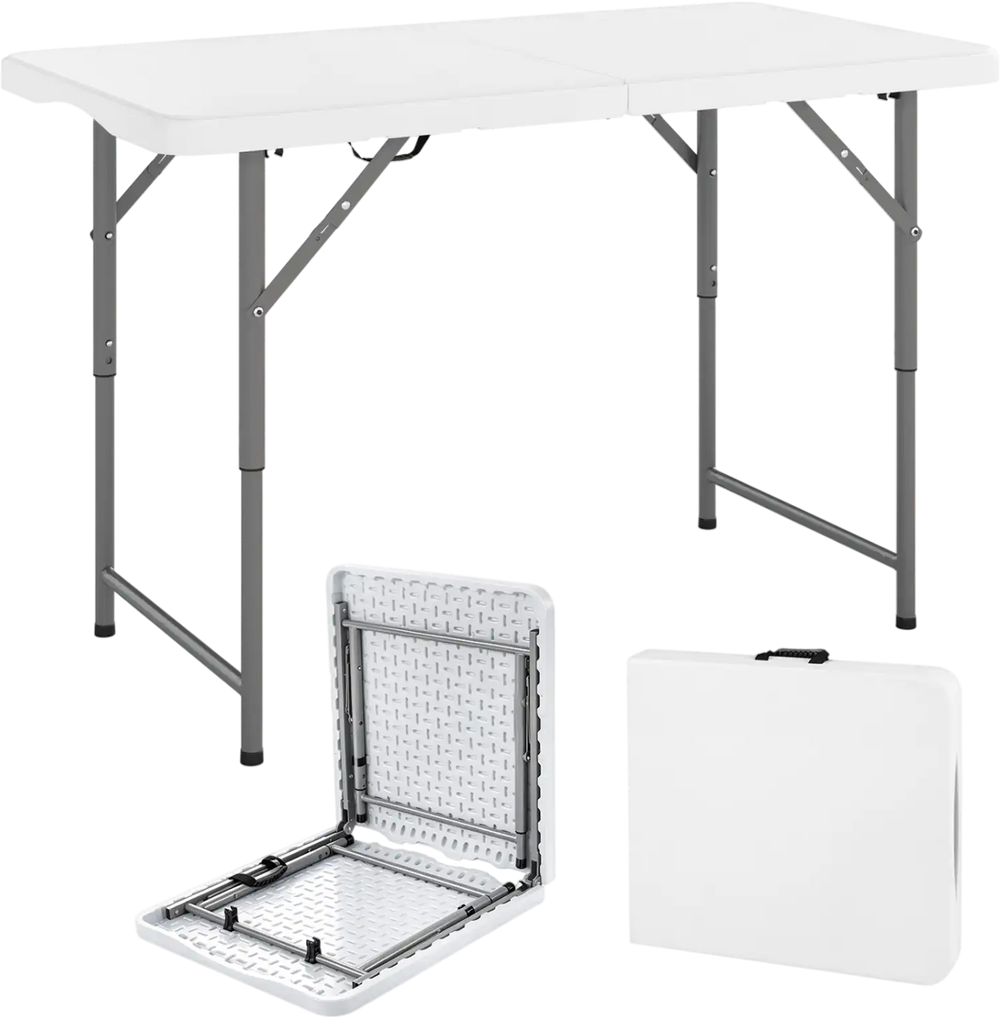 Portable 4 feet camping table with HDPE tabletop and metal legs, foldable design for easy storage and outdoor use.