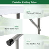 Portable folding table with HDPE tabletop, sturdy metal legs, and non-slip foot pads for stable outdoor use.