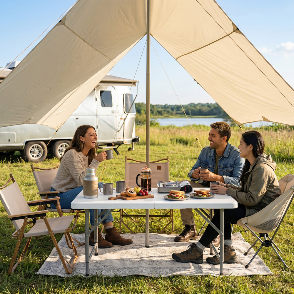 Portable 4 feet camping table with HDPE tabletop and metal legs, ideal for outdoor dining and gatherings.