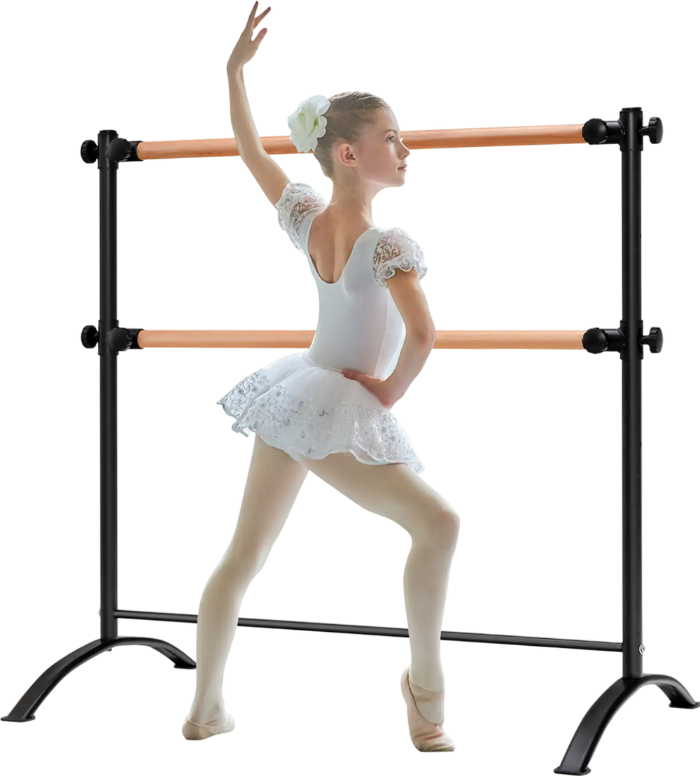 Freestanding double ballet barre with adjustable height, durable beech wood, and sturdy metal frame for versatile.
