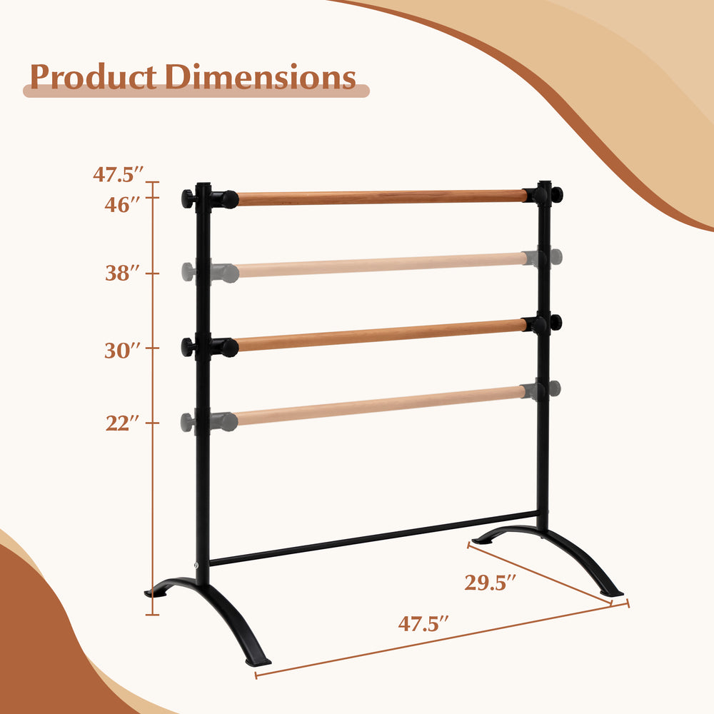 Freestanding double ballet barre with adjustable height, durable beech wood, and sturdy black metal frame for versatile.