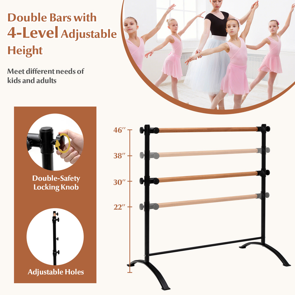 Freestanding double ballet barre in black with adjustable height, crafted from durable beech wood for stability and.